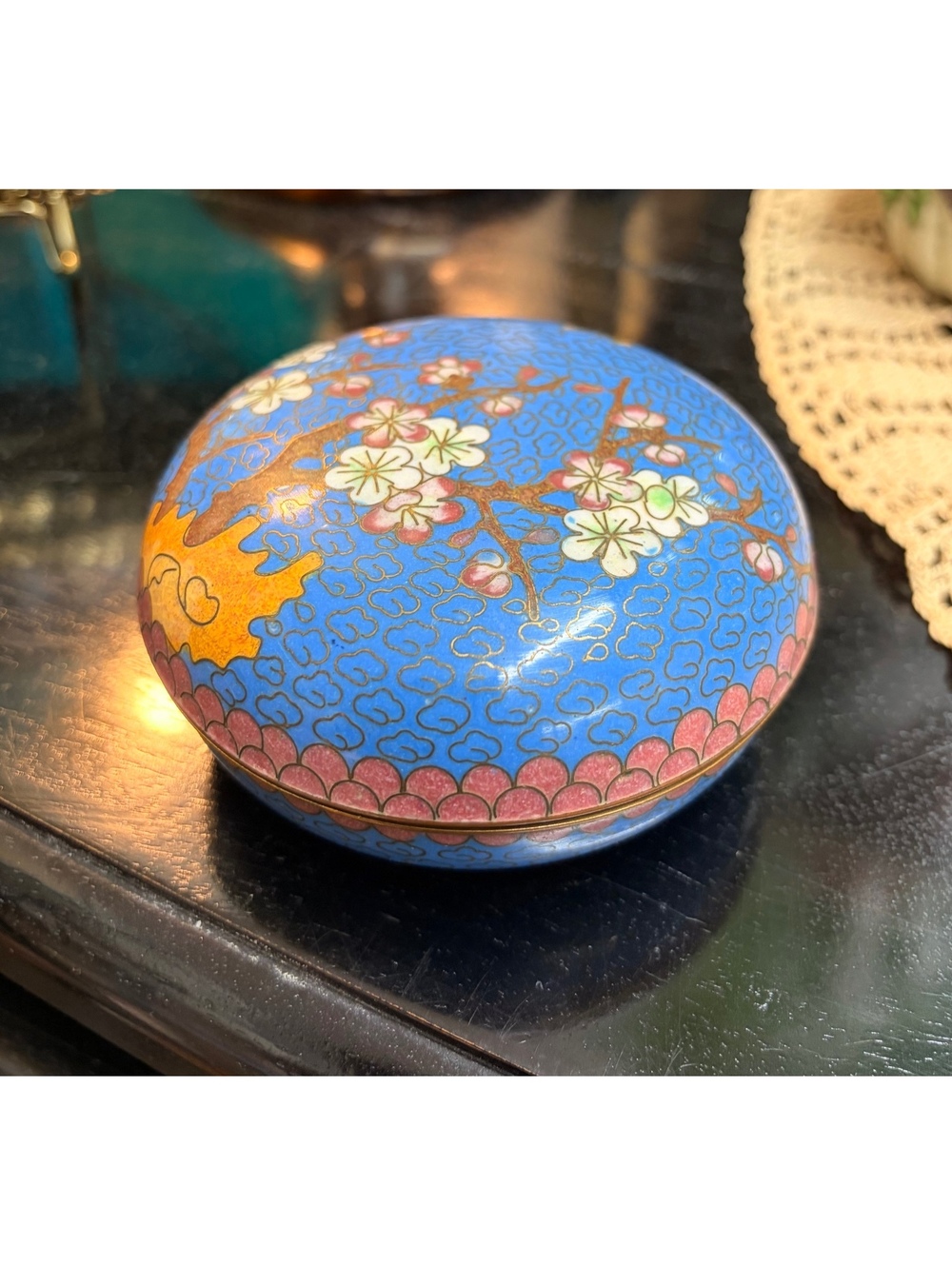 Vintage Blue Cloisonné Enamel Floral Round Trinket Box